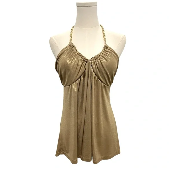 Vintage Y2k Express Gold Metallic Chain Going Out Halter Top SMALL sparkly party - Picture 1 of 10